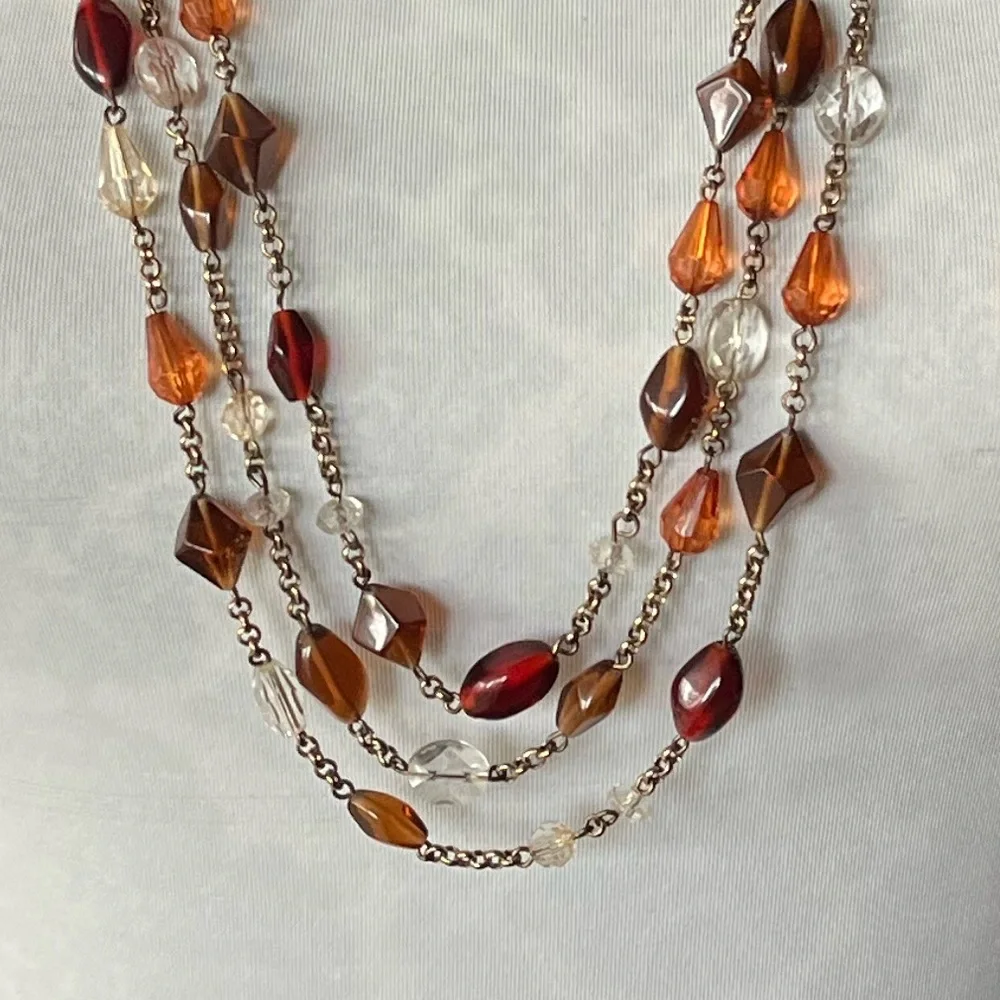 Multi-Strand Beaded Necklace | Amber, Brown & Red Beads | Layered